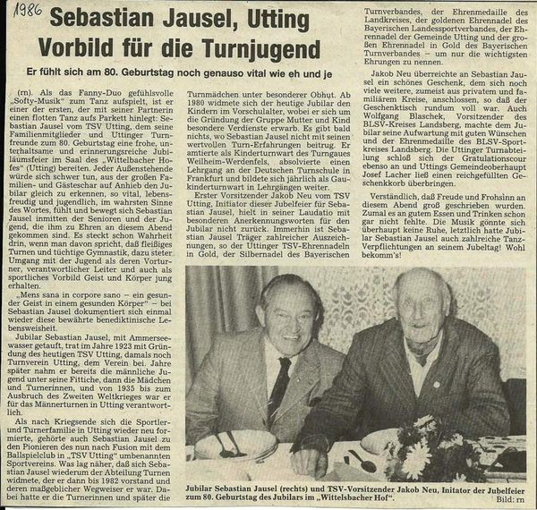 1986 – Sebastian Jausel, 80. Geburtstag