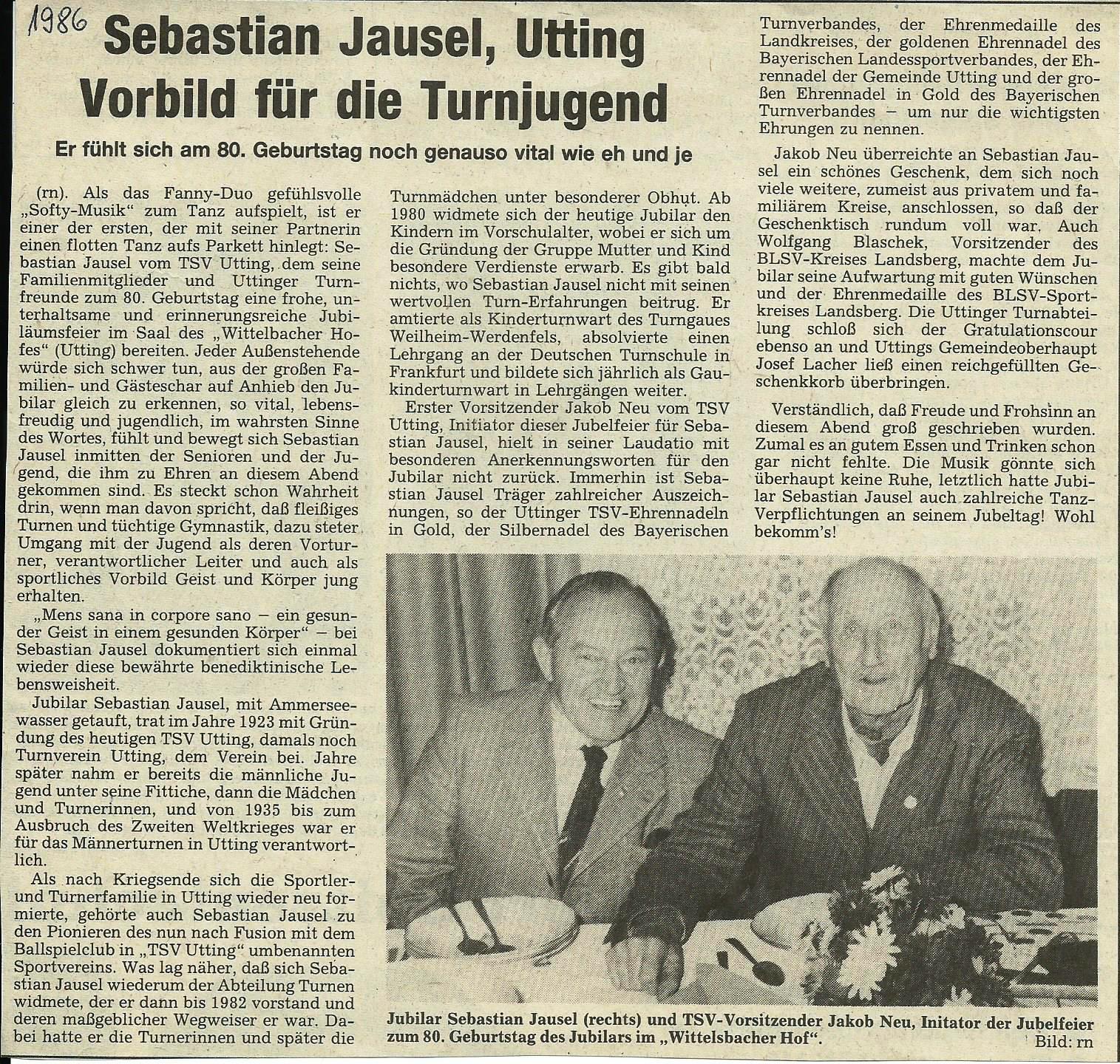 TSV Utting - 1986 Jausel Sebastian 80 Geburtstag