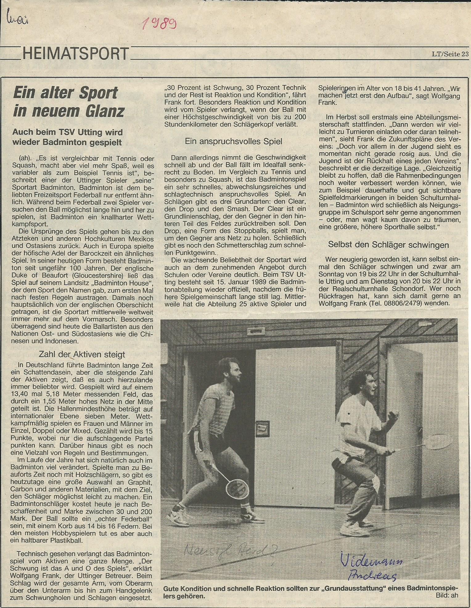 TSV Utting - 1989 Badminton TSV Utting seit 15.1.1989